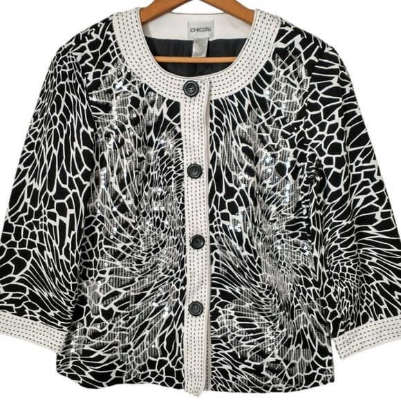 Chicos Sequin Shirt Jacket Blazer Black White Flowers Sz Small 0 Button Front. - Picture 10 of 16